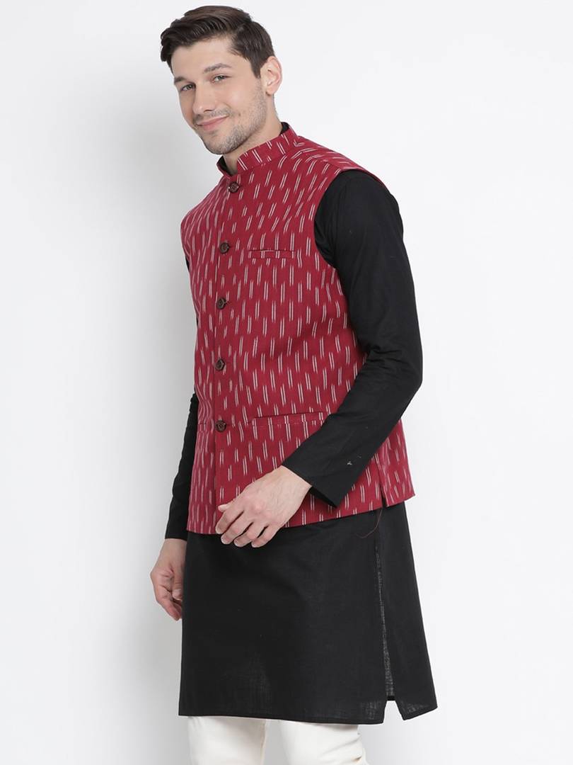 Men's Maroon Cotton
 Woven Design Nehru Jackets